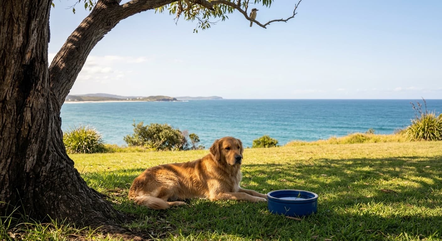 A healthy adult Golden Retriever lying in the shade of a tree on a grassy headland reserve overlooking the ocean on the NSW Central Coast on a warm day, with a water bowl beside it