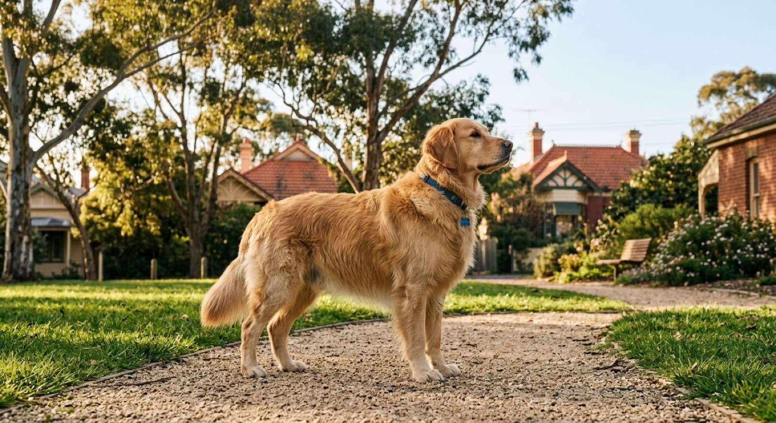A lean, healthy Golden Retriever standing on grass in a shaded Melbourne park, representing the good body condition and regular vet care the breed depends on