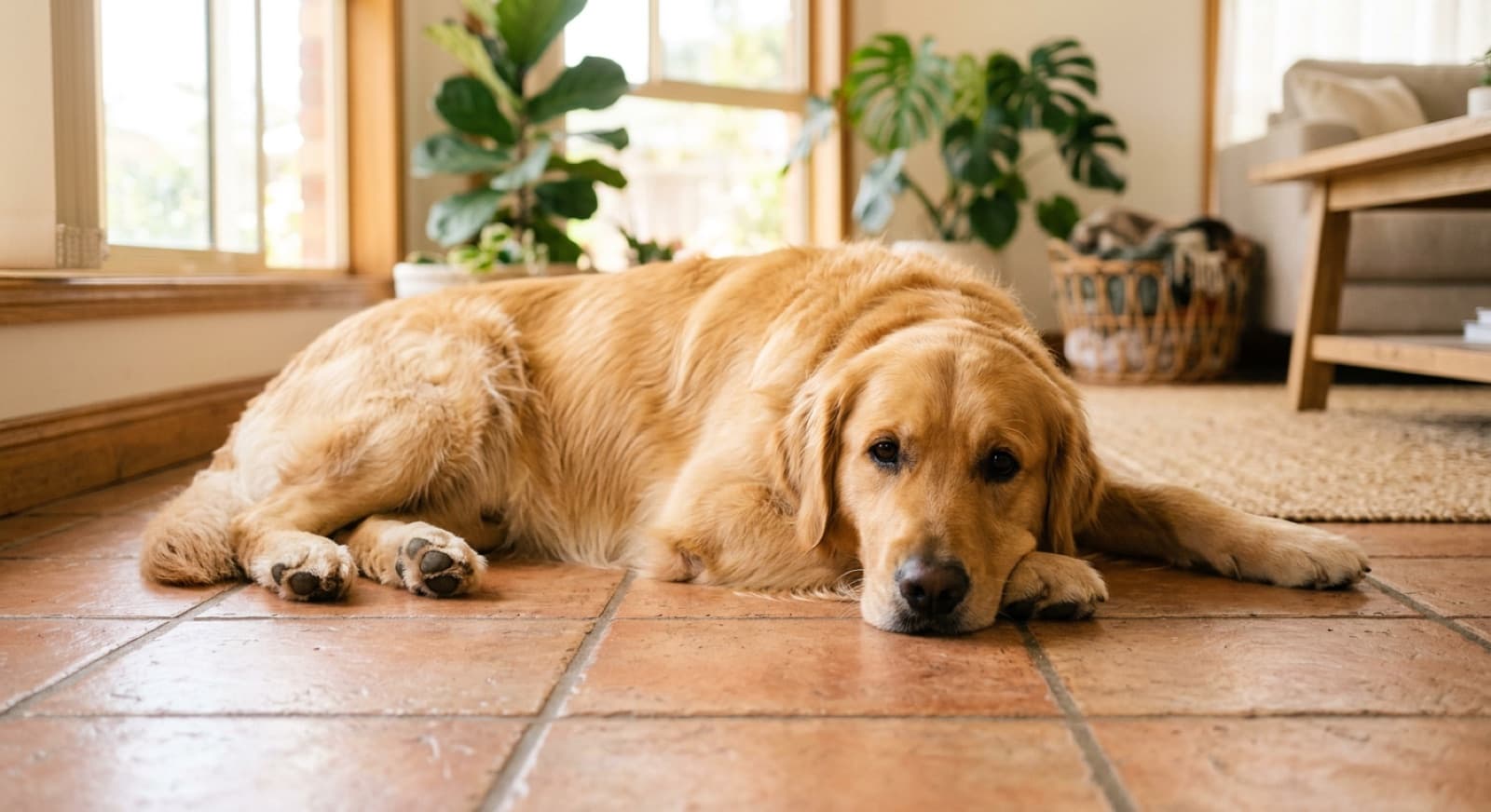 A calm adult golden retriever lying on a cool tiled floor indoors in a bright Australian home, representing healthy management of the breed in the Perth climate