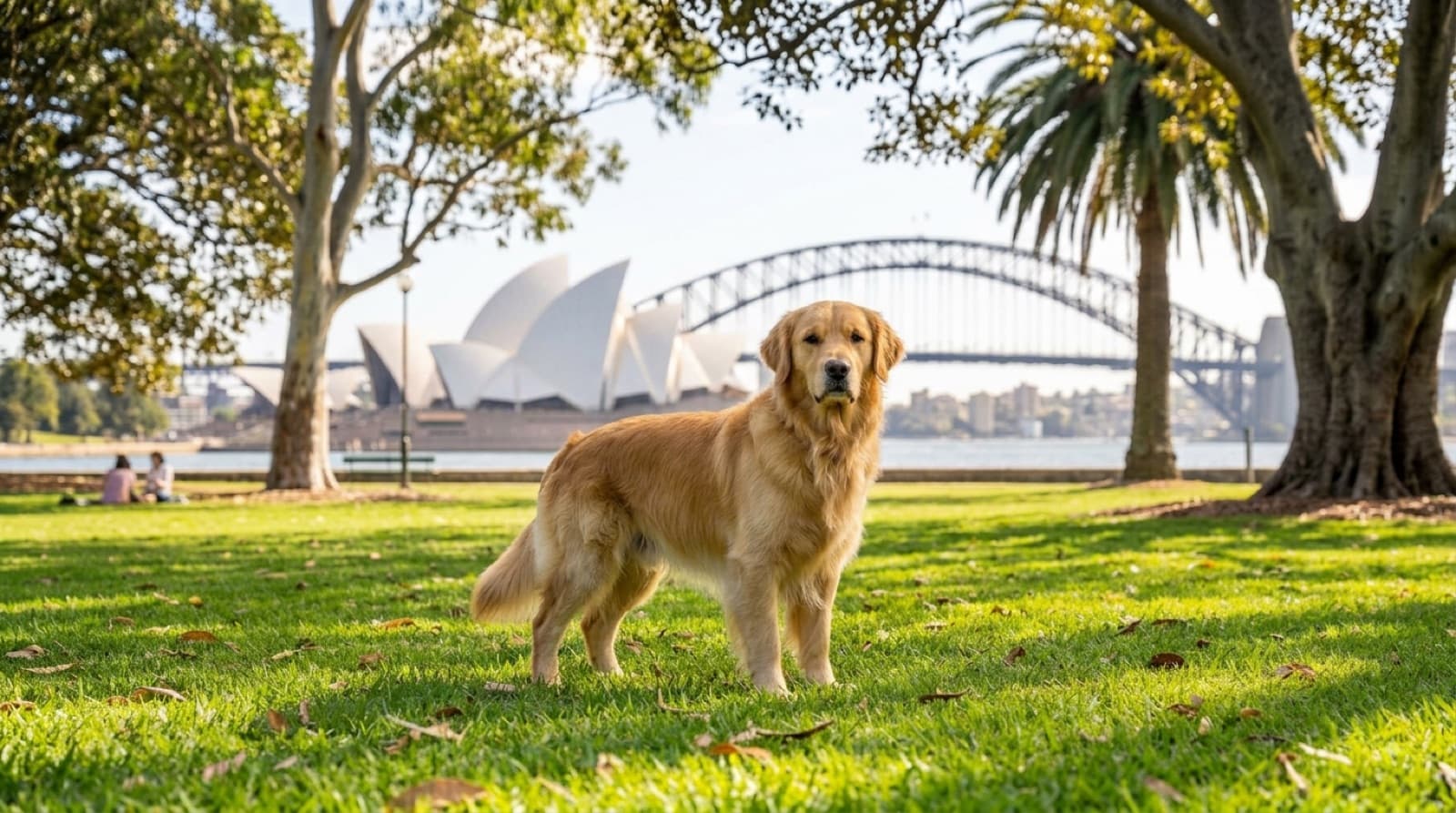 A lean, healthy Golden Retriever standing on grass in a shaded Sydney backyard, representing the good body condition and regular vet care the breed depends on