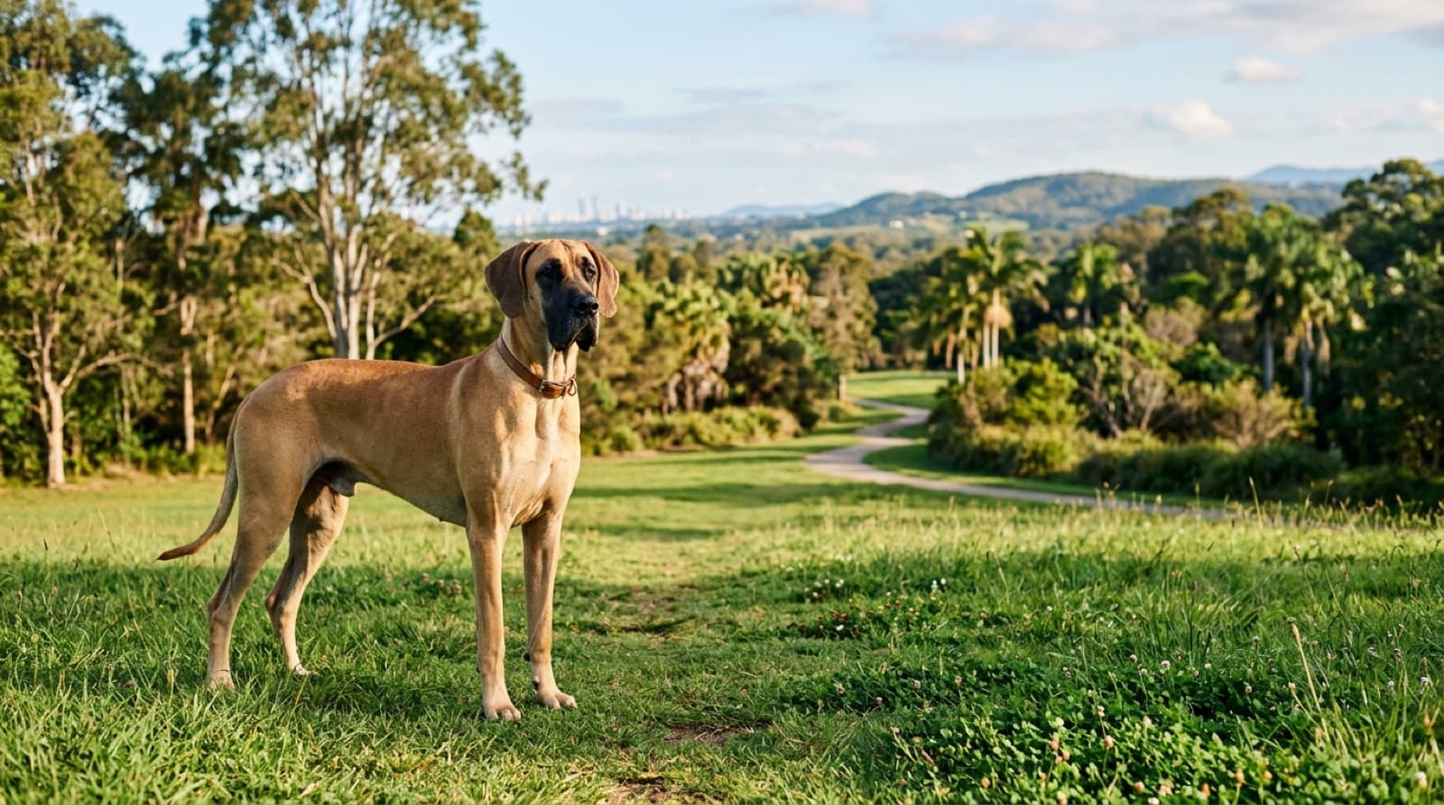 A tall, gentle fawn Great Dane with natural uncropped ears and a calm expression standing on grass in a sunny Gold Coast park, representing the giant gentle dogs occasionally available for adoption across the Gold Coast and Queensland rescues