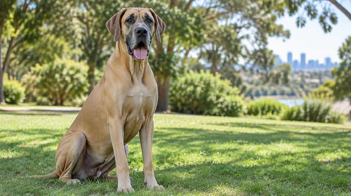 A tall fawn Great Dane with a black mask standing calmly on dry golden grass in a sunny Perth park, representing the gentle giant dogs occasionally available for adoption across Perth and Western Australia rescues