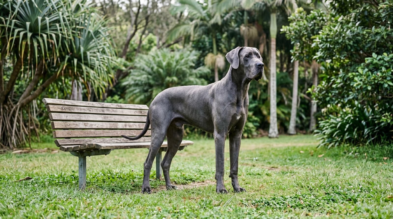 A tall fawn Great Dane with natural uncropped ears standing calmly on grass beside a park bench in a Gold Coast park in the cool morning light, its shoulder level with the bench seat, showing the sheer size of the gentle giant breed