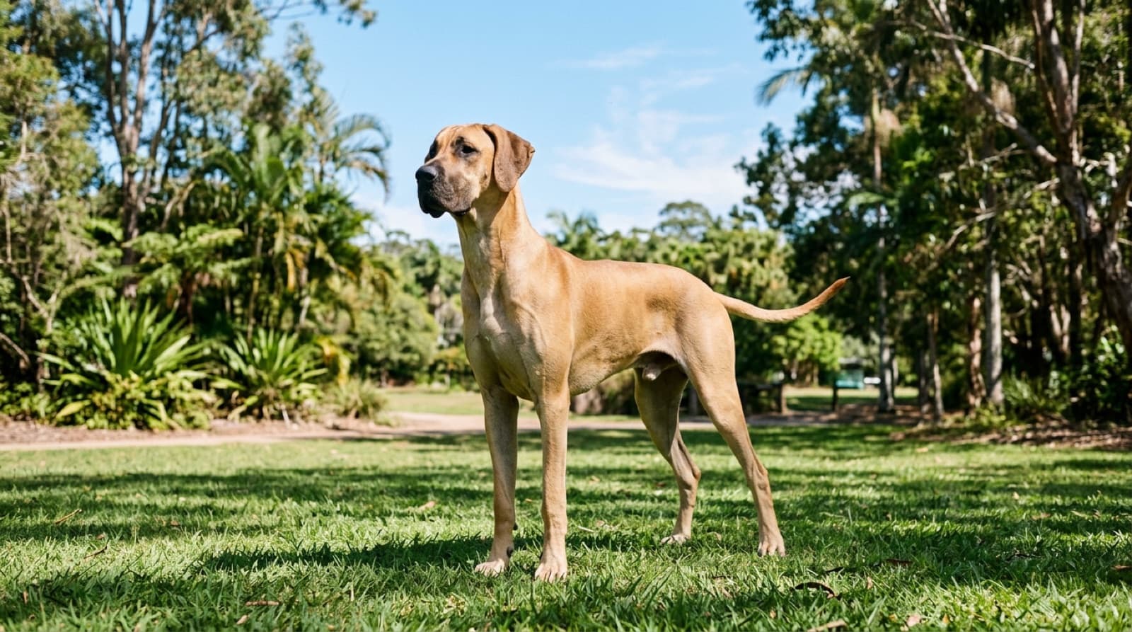 A large, healthy fawn Great Dane with natural uncropped ears standing calmly on grass in a sunny Gold Coast park, a gentle giant breed whose deep chest makes bloat the key health risk to watch