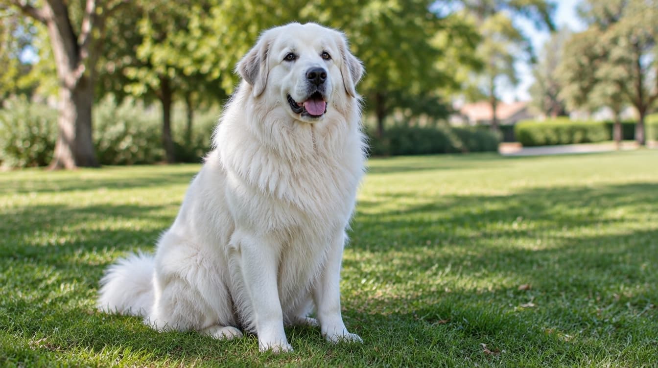 A large white Great Pyrenees sitting on the grass in an Adelaide park, representing the rescue Pyrenees available for adoption across South Australia