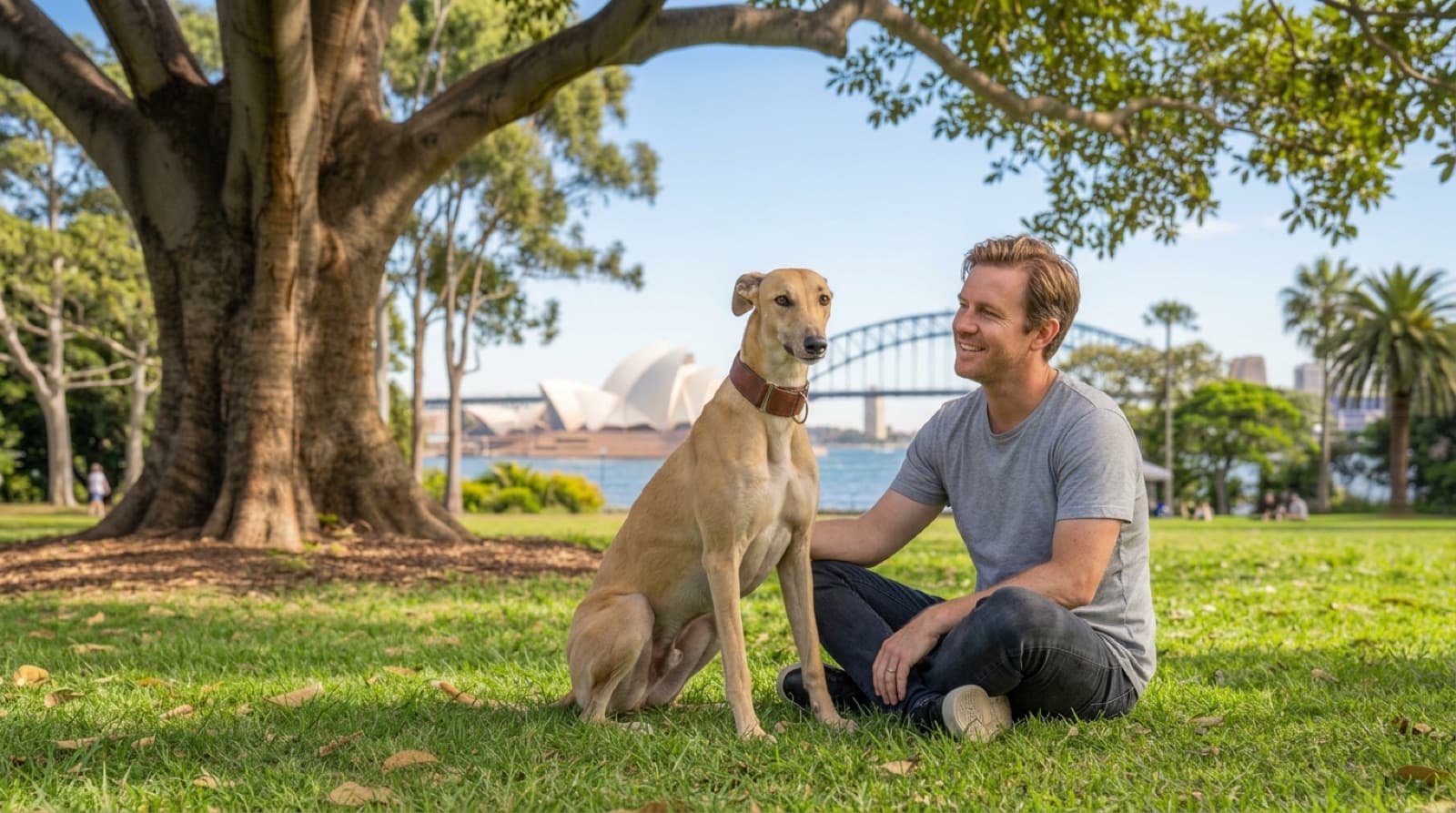 A sleek Greyhound standing calmly on a Sydney park lawn, representing the rescue Greyhounds available for adoption across NSW