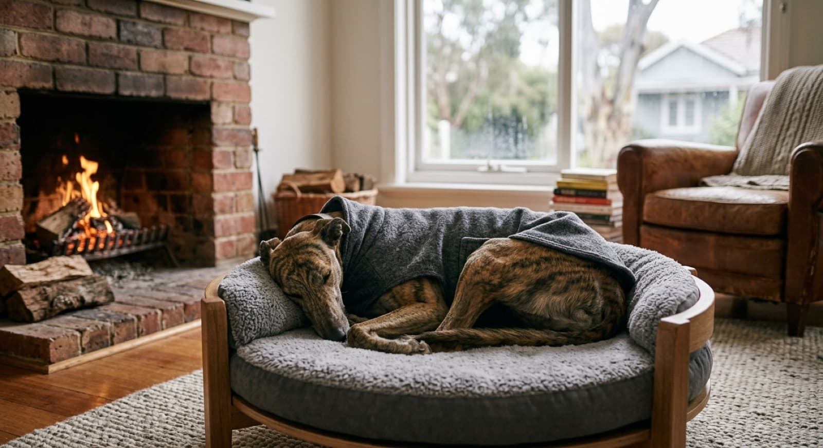A healthy Greyhound standing on a Melbourne parkland trail, illustrating the breed health topics rescue adopters should plan for