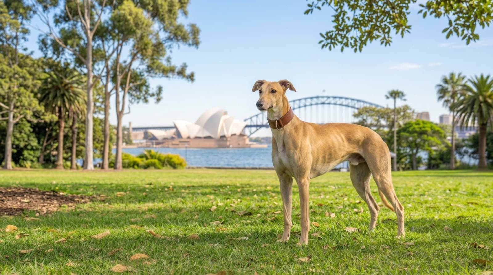 A healthy Greyhound standing on a Sydney lawn, illustrating the breed health topics rescue adopters should understand