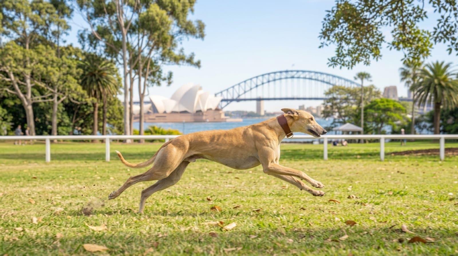 A Greyhound on lead in a fenced Sydney park, illustrating the breed strong prey drive and recall challenges