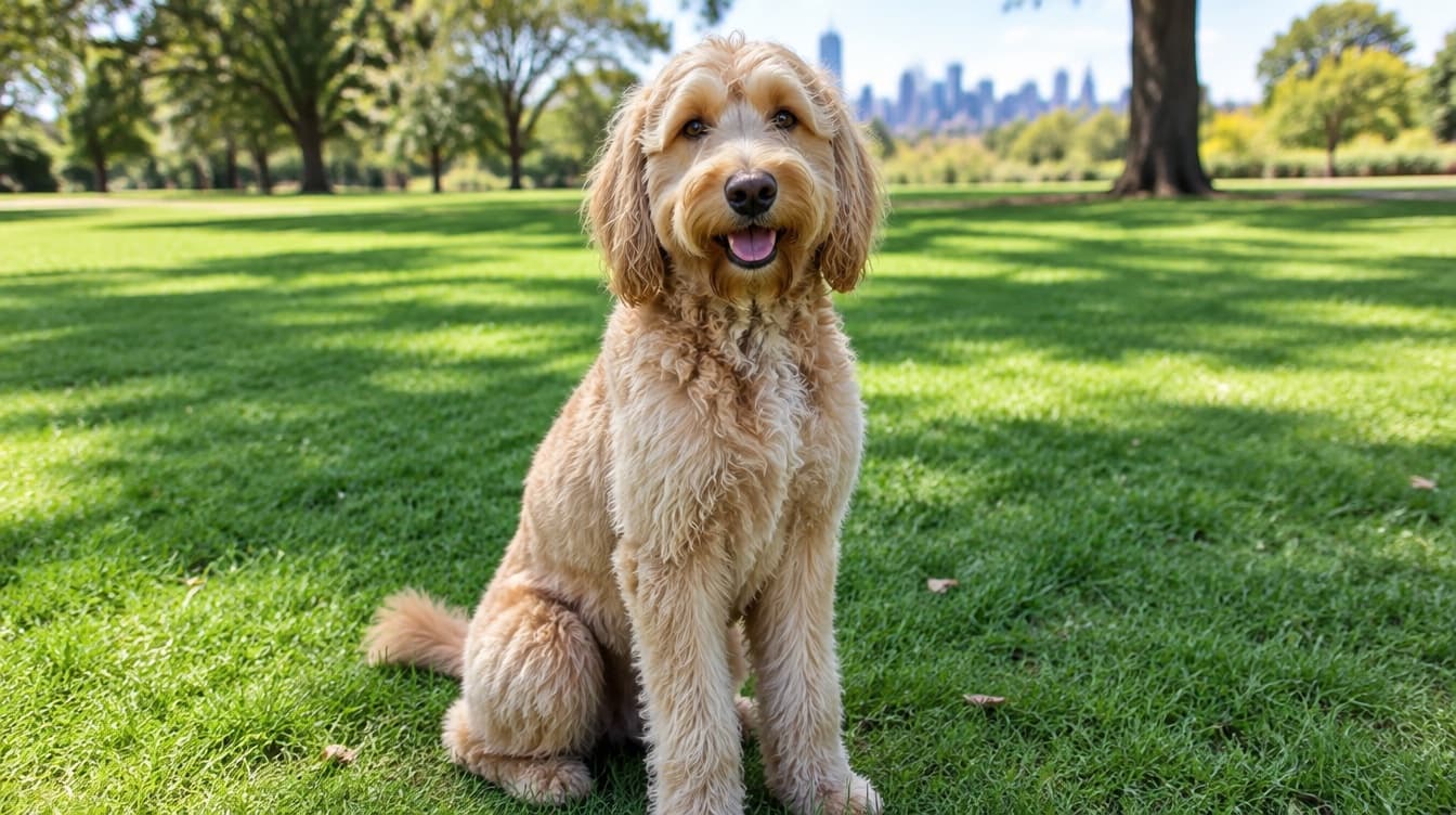 A friendly cream wavy-coated Groodle sitting on grass in a sunny Brisbane park, representing the golden doodles available for adoption across Brisbane and Queensland rescues