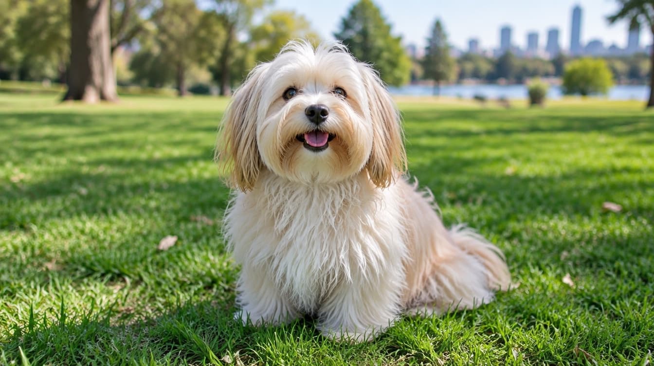 A small long-coated cream Havanese sitting on grass in a sunny Brisbane park, representing the affectionate companion dogs occasionally available for adoption across Brisbane and Queensland rescues