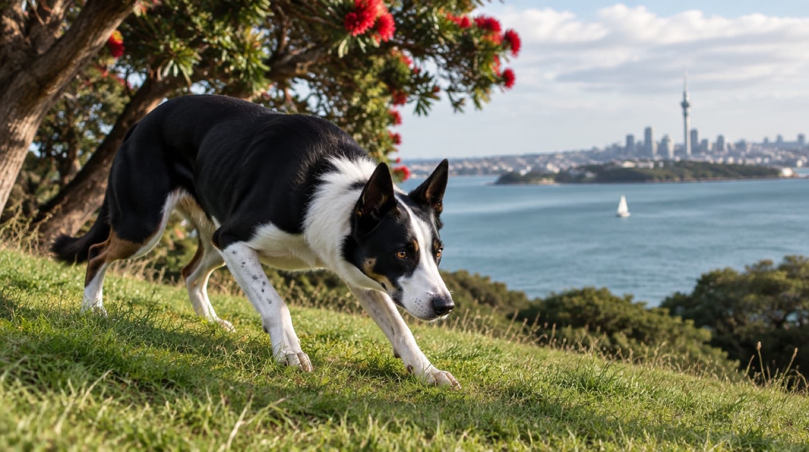 A black and white New Zealand heading dog lying alert on green grass in an Auckland park, representing the rescue heading dogs and heading dog crosses available for adoption across New Zealand