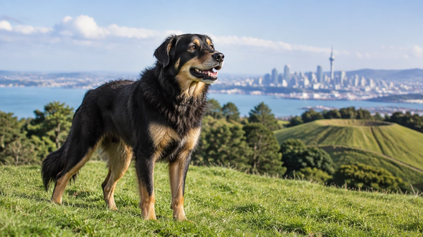A black and tan Huntaway standing alert on green grass in an Auckland park, representing the rescue Huntaways and Huntaway crosses available for adoption across New Zealand