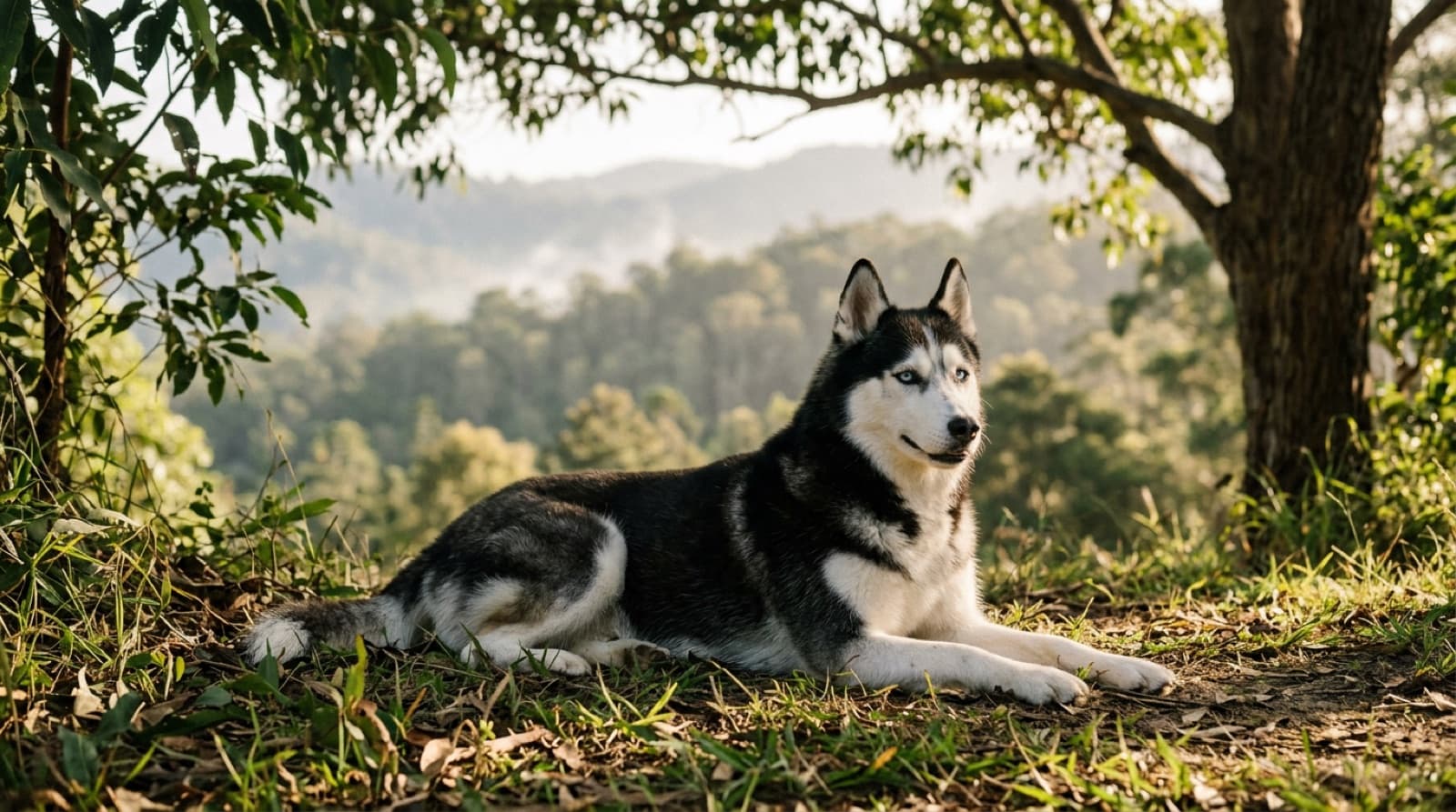 A striking black-and-white Siberian Husky with blue eyes resting in the shade on an Auckland parkland trail, representing rescue Huskies available for adoption in Auckland and across New Zealand