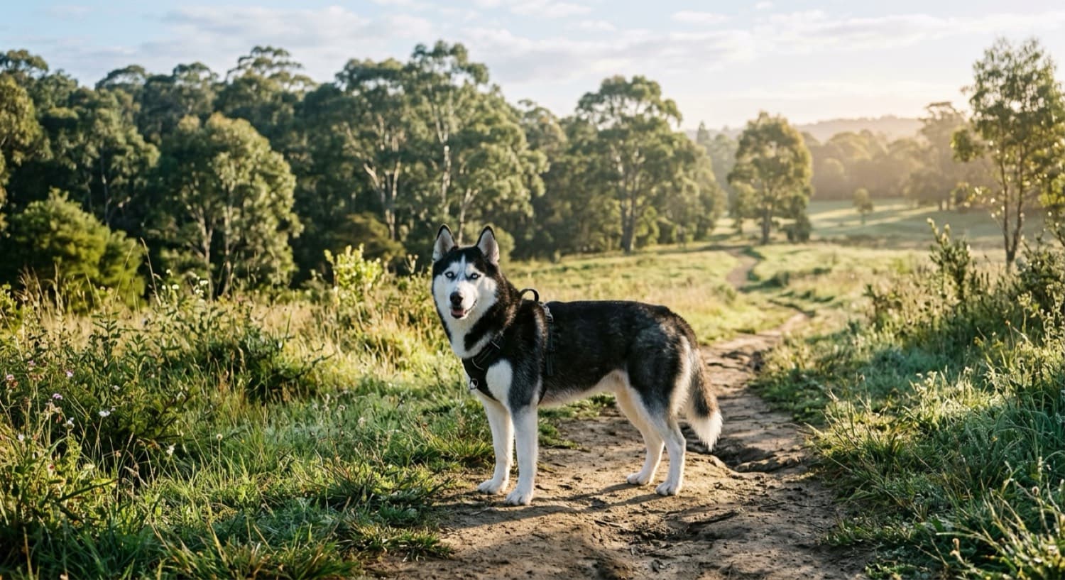 A striking black-and-white Siberian Husky with blue eyes on a Brisbane parkland trail, representing rescue Huskies available for adoption in Brisbane and Queensland