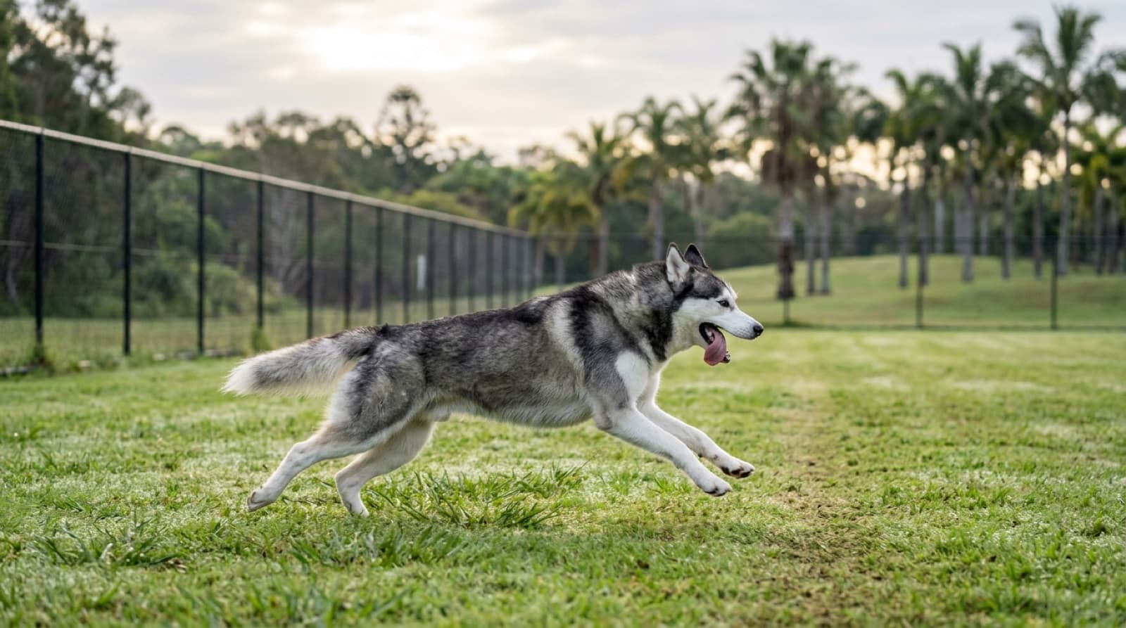 A Siberian Husky running at full stretch across a securely fenced off-leash dog park on the Gold Coast in the cool of the morning, the safe way to exercise a high-energy escape-prone breed