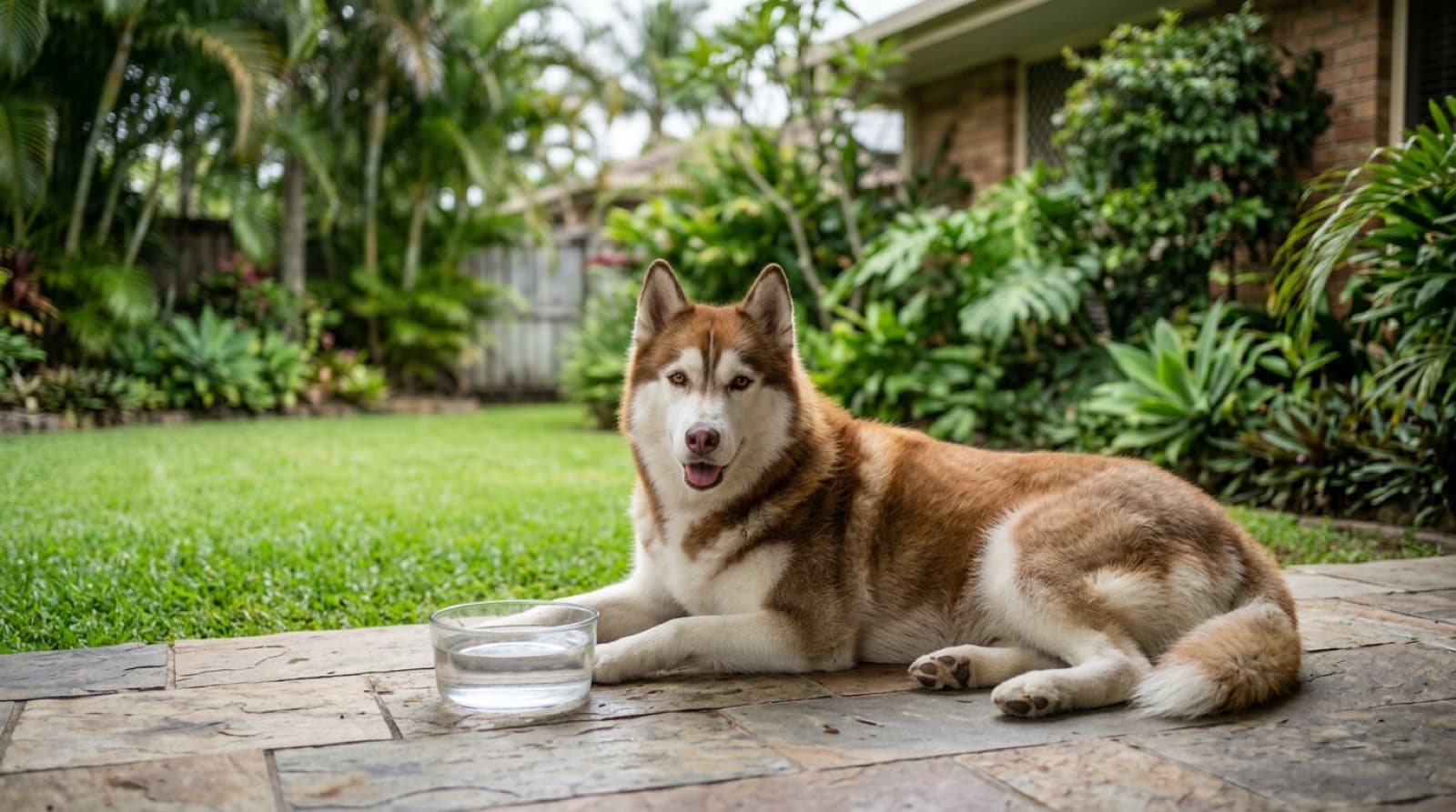 A healthy adult Siberian Husky resting in the shade of a Gold Coast backyard with a thick well-groomed double coat, representing good coat and heat management
