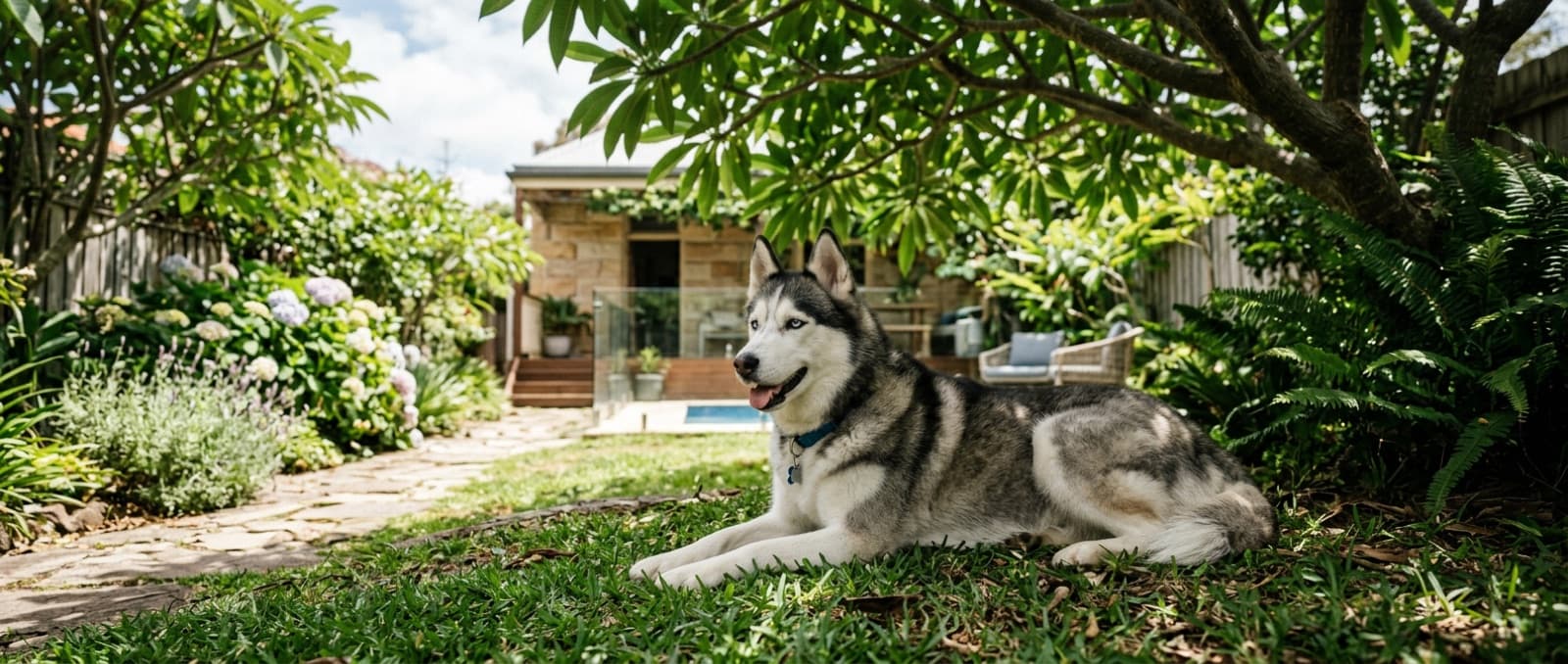 A healthy adult Siberian Husky resting in the shade of a Sydney backyard with a thick well-groomed double coat, representing good coat and heat management