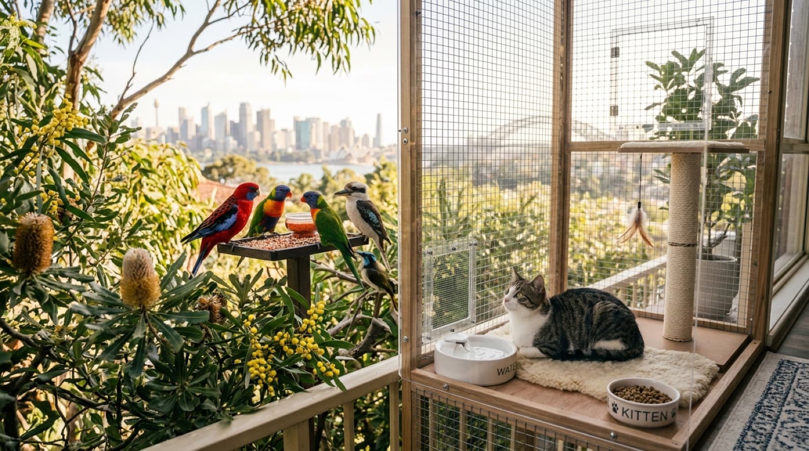 A content tabby cat sitting on a window perch watching a leafy Brisbane backyard through the glass, showing the safe indoor and contained-outdoor lifestyle recommended for cats in Brisbane and Queensland