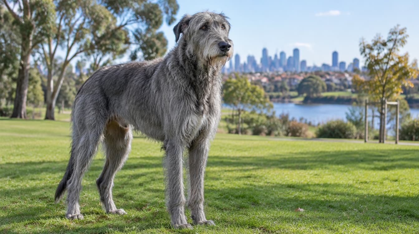 A very large grey rough-coated Irish Wolfhound standing calmly on grass in a sunny Brisbane park, representing the gentle giant sighthounds occasionally available for adoption across Brisbane and Queensland rescues
