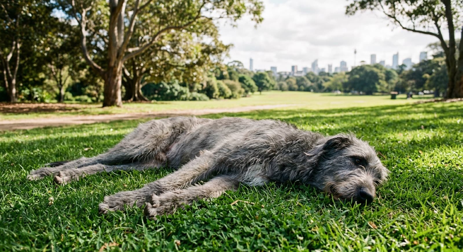A tall grey Irish Wolfhound standing calmly beside its owner on a securely fenced Sydney lawn, showing the rough double coat and lean, towering sighthound build of the breed