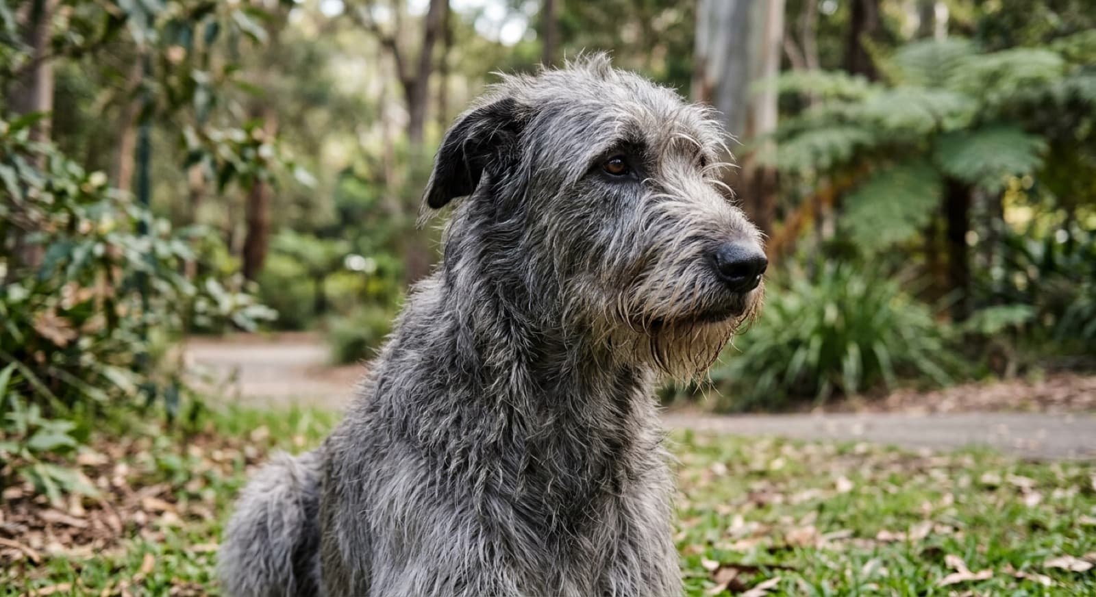 A tall grey Irish Wolfhound standing in the shade of a Sydney park, a giant sighthound whose health hinges on watching the heart, catching lameness early and managing the heat