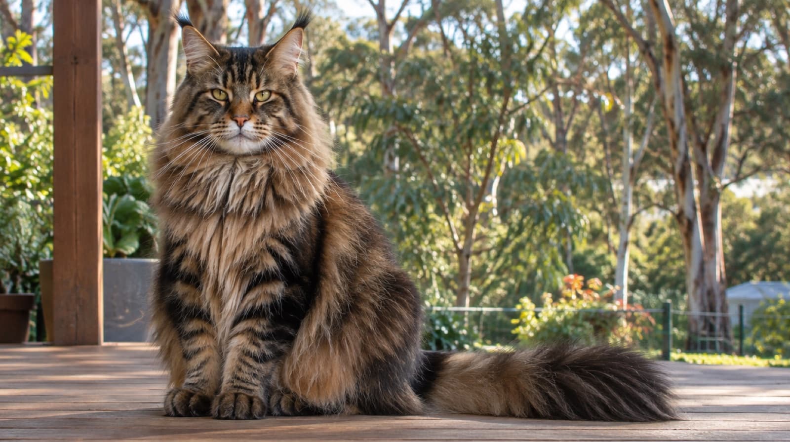 A very large brown classic tabby Maine Coon with lynx-tipped ears, a neck ruff, a square muzzle and a bushy tail on a timber deck with eucalyptus behind
