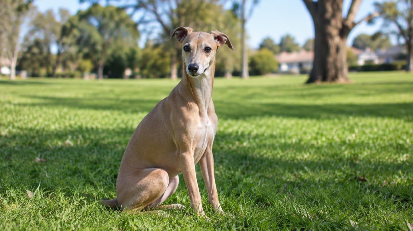 A slender fawn Italian Greyhound sitting on the grass in a Melbourne park, representing the rescue Italian Greyhounds available for adoption across Victoria
