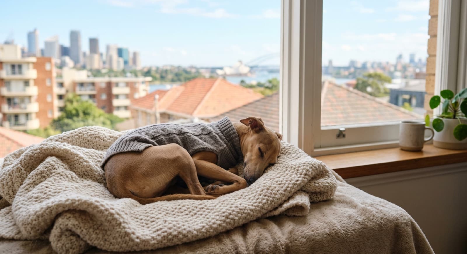 A small Italian Greyhound wearing a fitted dog coat and curled up burrowed into a soft blanket in a Sydney home, showing the breed's thin frame and love of warmth