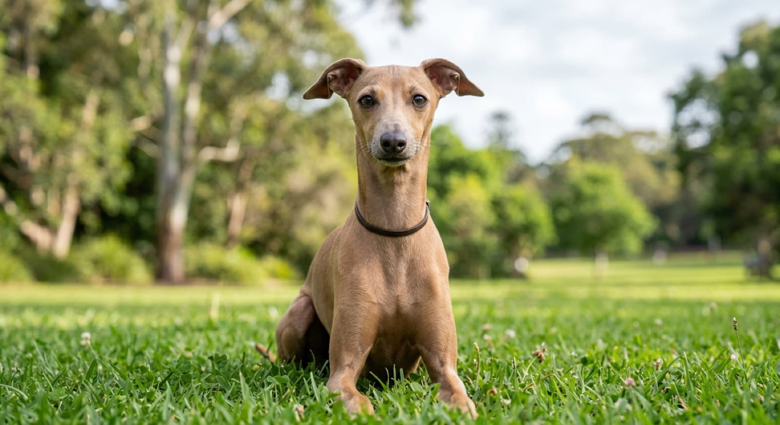 A slender Italian Greyhound in a warm coat standing on grass in a Sydney park, a fine-boned toy sighthound whose health hinges on dental care and injury prevention