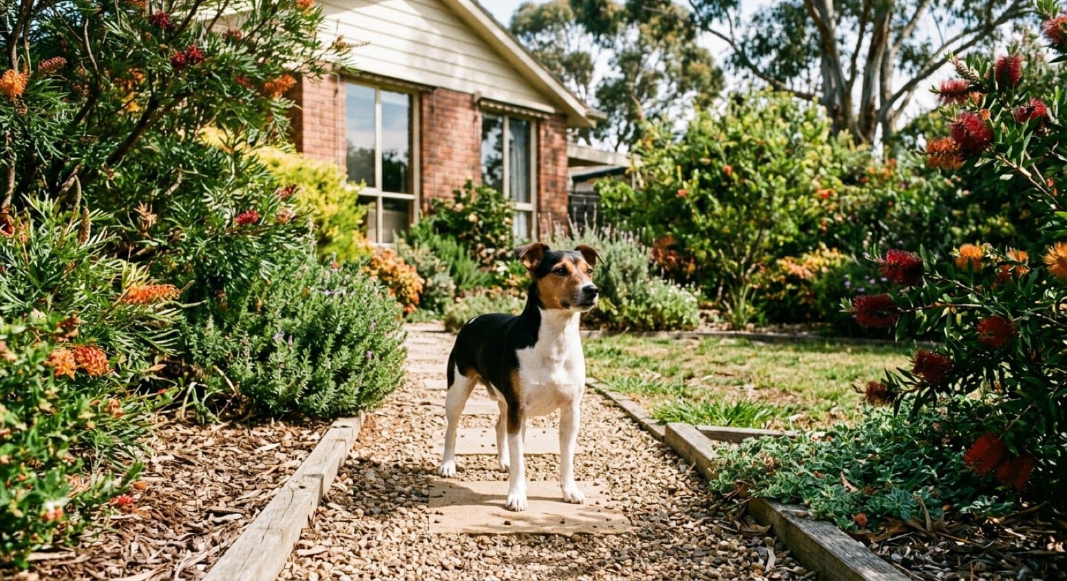An alert white-and-tan Jack Russell Terrier standing on a Melbourne park lawn, representing the bold, energetic small terriers available for adoption across Victorian rescue
