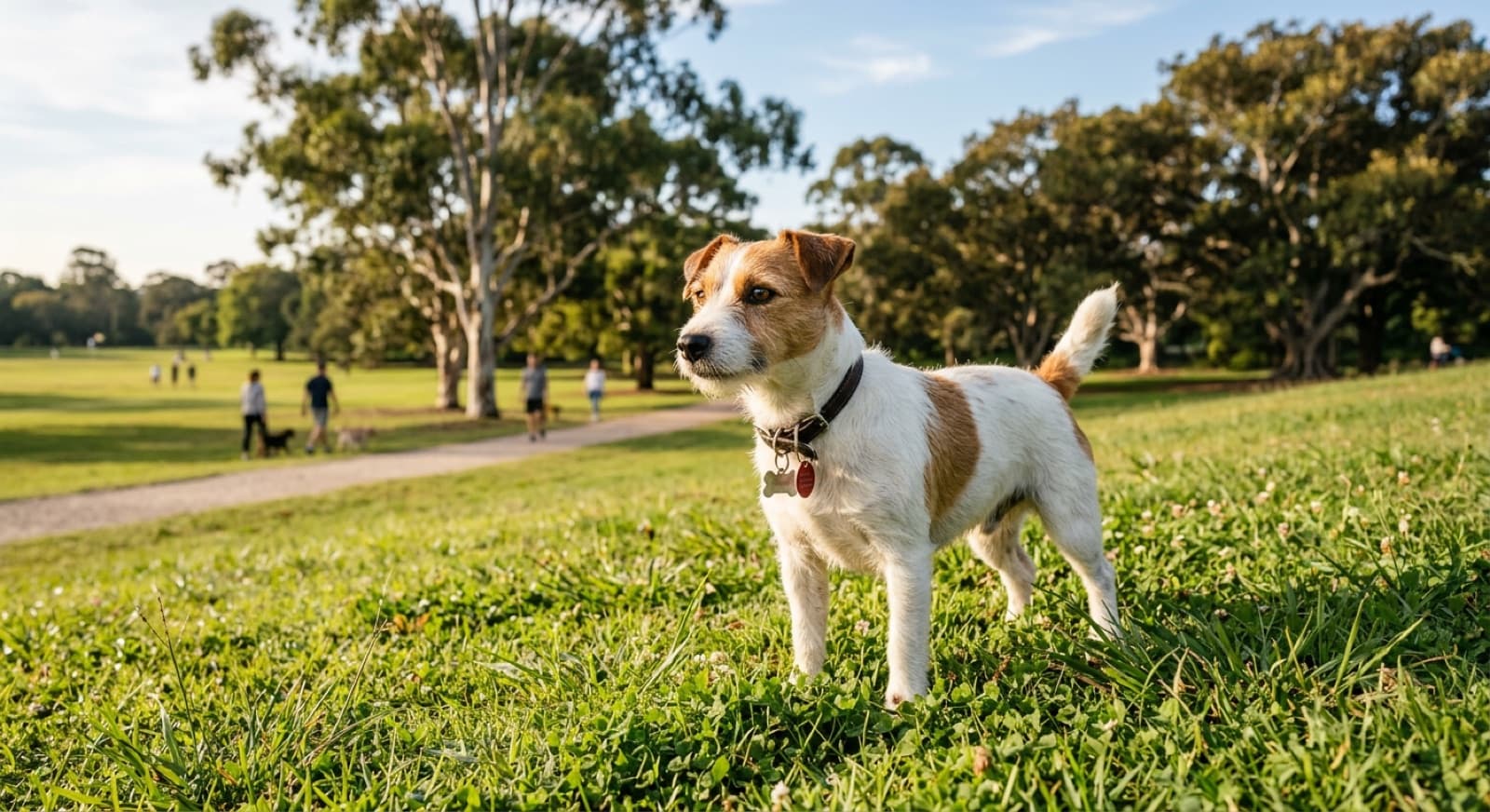 An alert white-and-tan Jack Russell Terrier standing on a Sydney park lawn, representing the bold, energetic small terriers available for adoption in NSW rescue