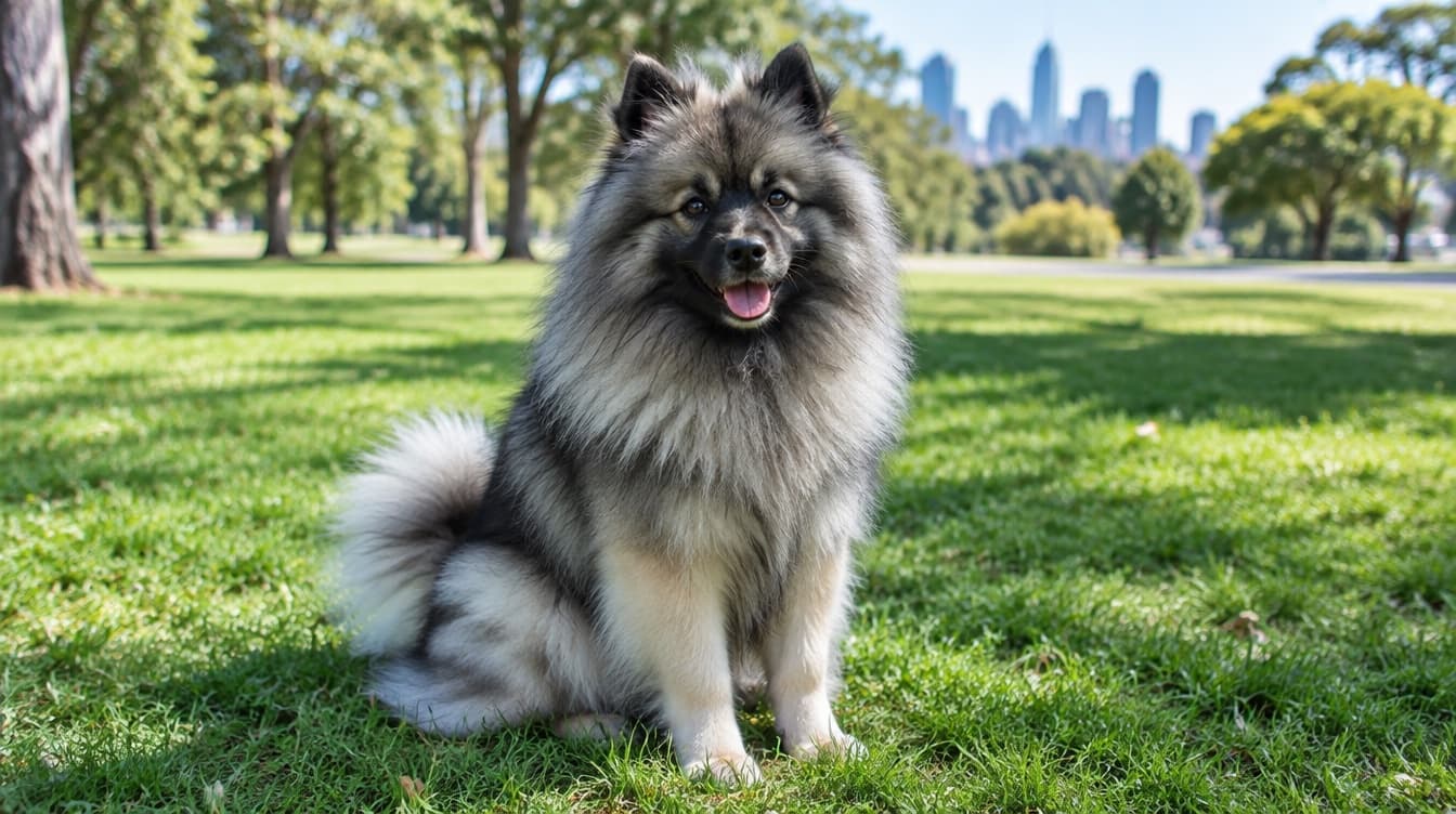 A fluffy grey and black Keeshond with a spectacled face and thick double coat sitting on dry golden grass in a sunny Perth park, representing the spitz companion dogs occasionally available for adoption across Perth and Western Australia rescues