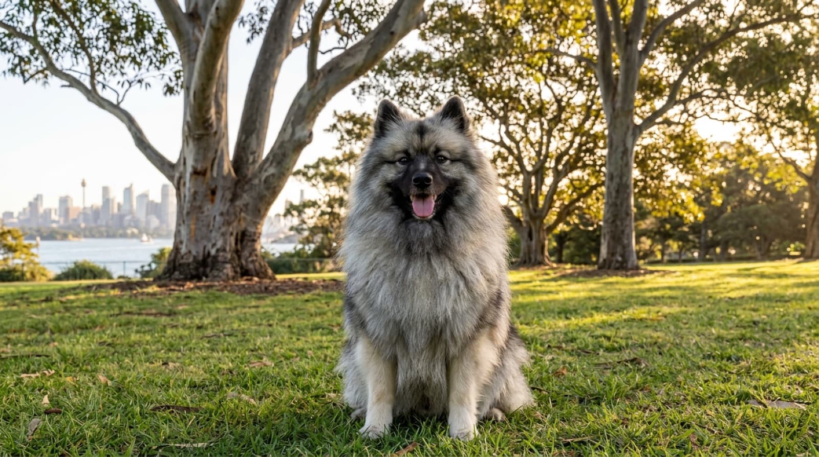 A plush grey, black and cream Keeshond with a lion-like ruff, curled plumed tail and the dark spectacle markings around its eyes, sitting alert and cheerful on a grassy Sydney park path, representing the friendly Dutch spitz that turns up for adoption across Sydney and NSW rescues