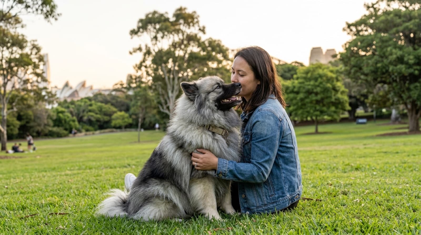 A grey and cream Keeshond with a plush double coat, dark spectacle markings around the eyes and a curled tail sitting close beside its owner on a shaded Sydney veranda, representing the affectionate, people-focused spitz temperament