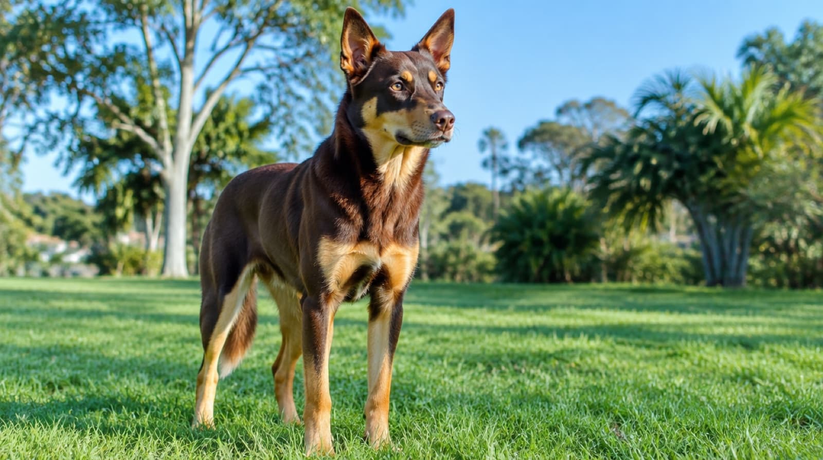 A red Australian Kelpie standing alert on green grass in a sunny Gold Coast park, representing the rescue Kelpies available for adoption across Queensland