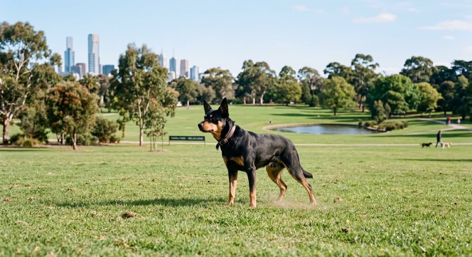 A red Australian Kelpie sitting alert on a Melbourne park lawn, representing the rescue Kelpies available for adoption across Victoria
