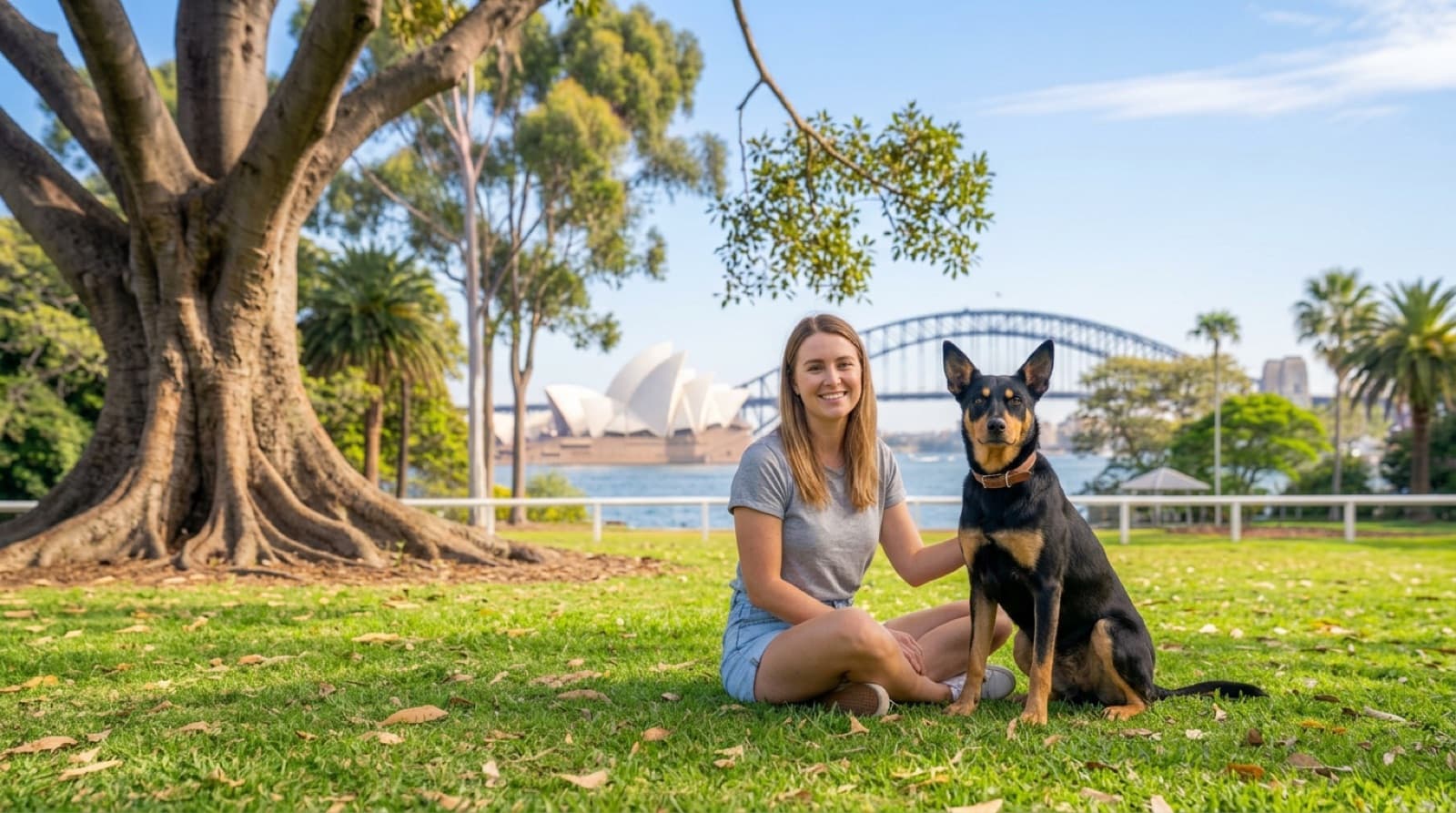 A red Australian Kelpie sitting alert on a Sydney park lawn, representing the rescue Kelpies available for adoption across NSW