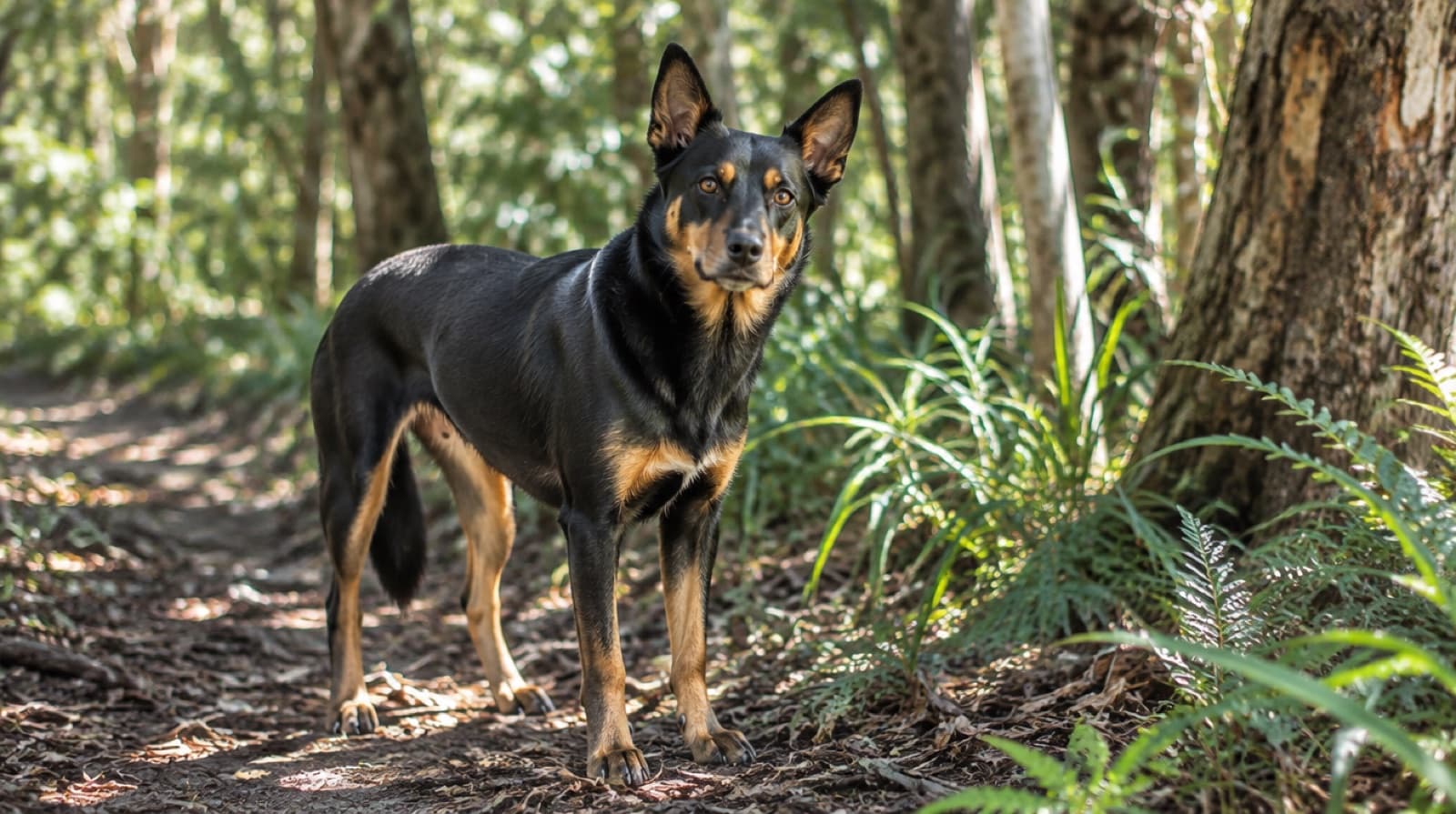 A healthy Australian Kelpie standing on a bush trail in the Gold Coast Hinterland, illustrating the breed health topics adopters in Queensland should understand
