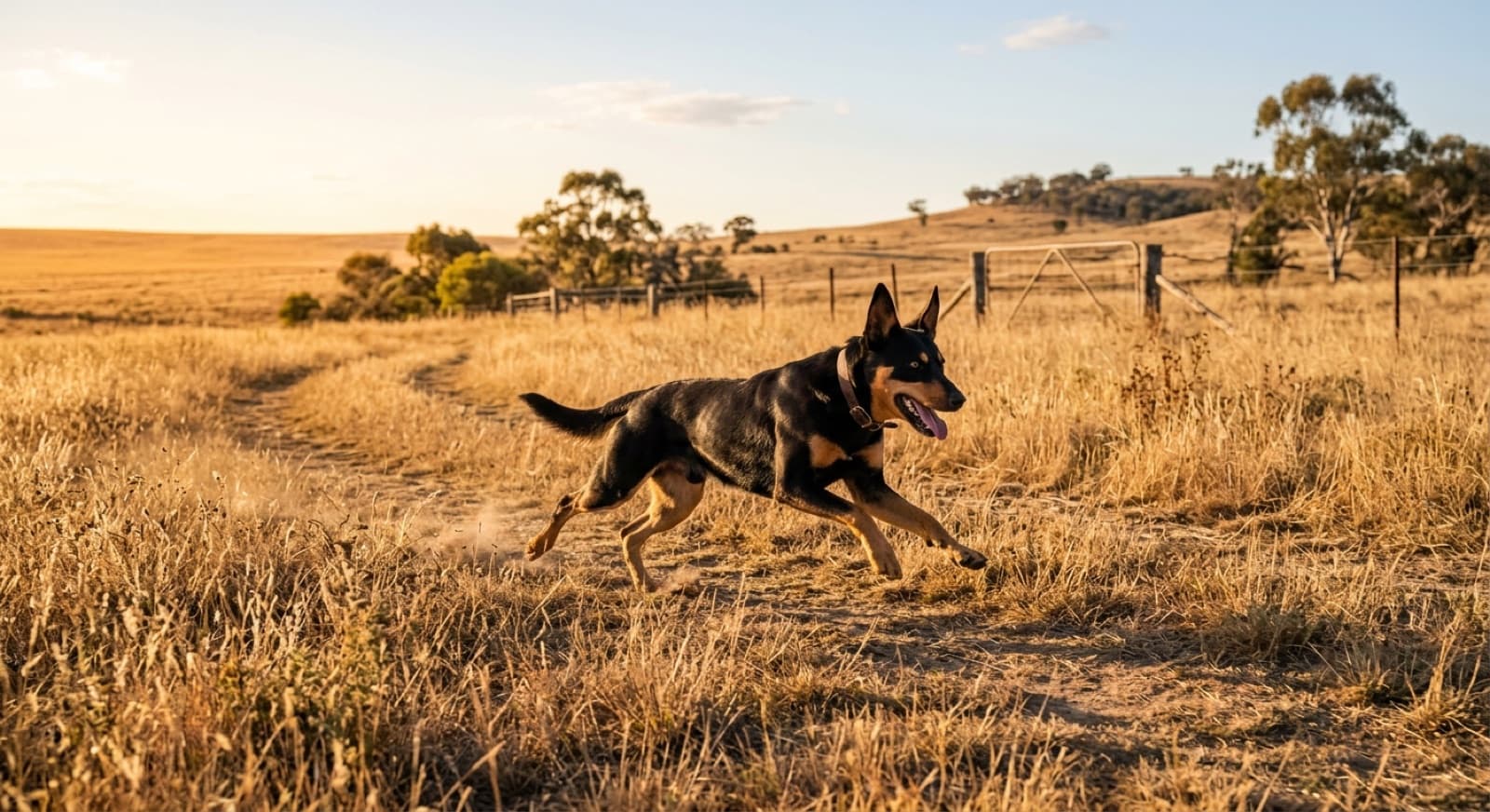 A healthy Australian Kelpie standing on a Melbourne parkland trail, illustrating the breed health topics rescue adopters should plan for