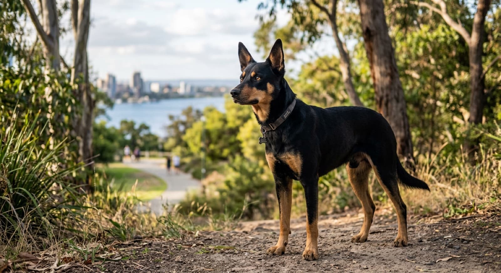 A lean, athletic Australian Kelpie standing alert, representing good health management of the working breed for Perth adopters