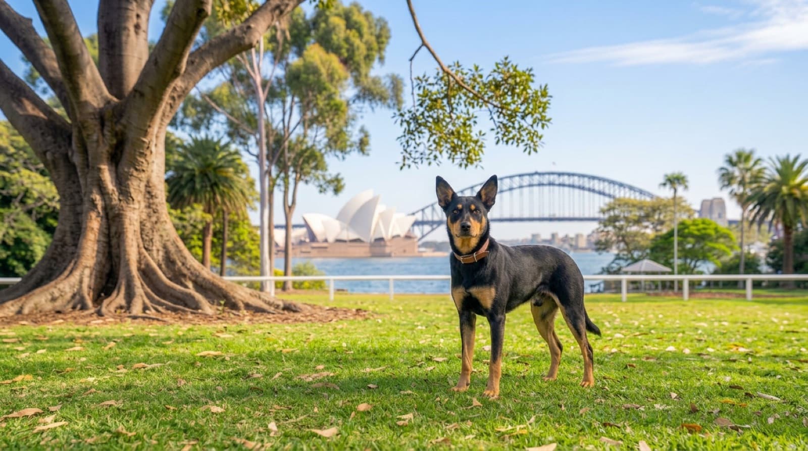 A healthy Australian Kelpie standing on a bush trail near Sydney, illustrating the breed health topics adopters should understand