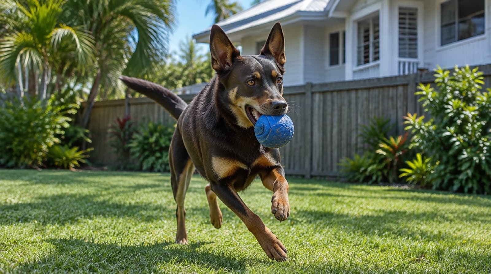 An Australian Kelpie playing in a securely fenced suburban Gold Coast backyard on a sunny day, illustrating how the working breed adapts to subtropical city life