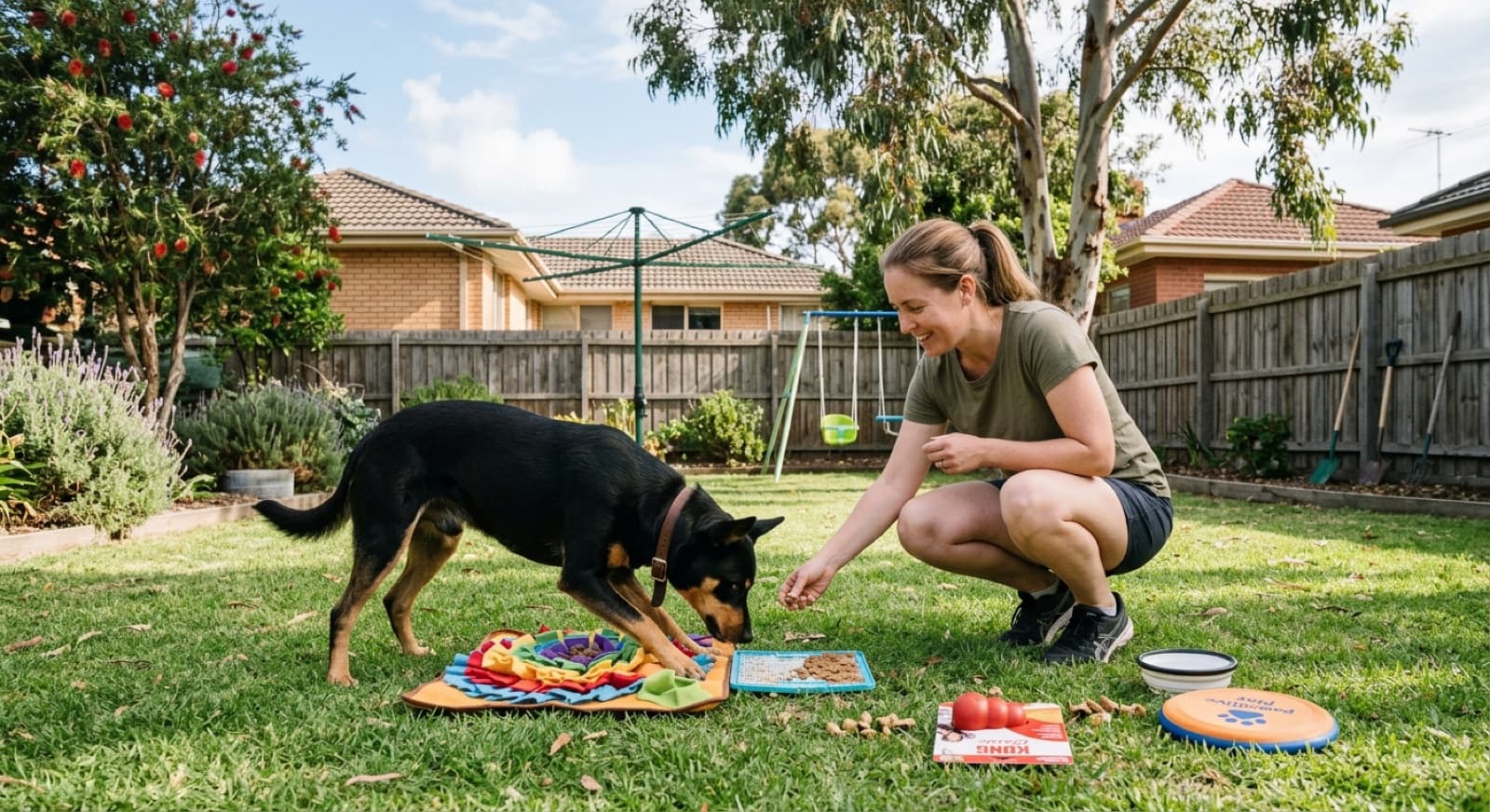 An Australian Kelpie running in a fenced Melbourne backyard, illustrating how the working breed can adapt to suburban life with enough exercise and mental work