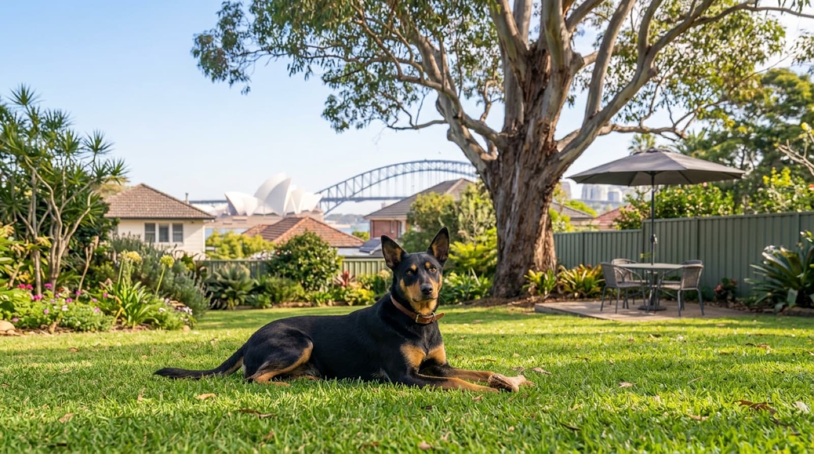 An Australian Kelpie playing in a fenced Sydney backyard, illustrating how the working breed adapts to suburban life