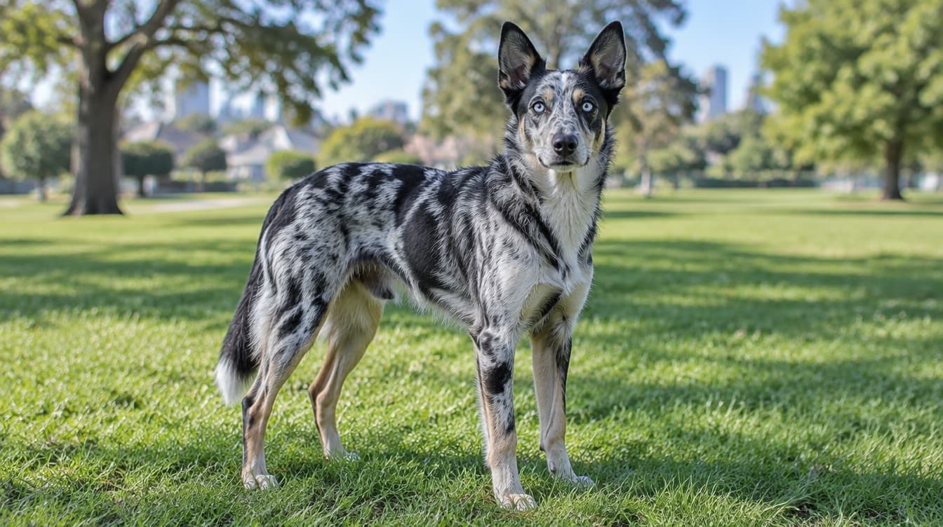 An alert merle-coated Koolie sitting on the grass in a Melbourne park, representing the rescue Koolies available for adoption across Victoria