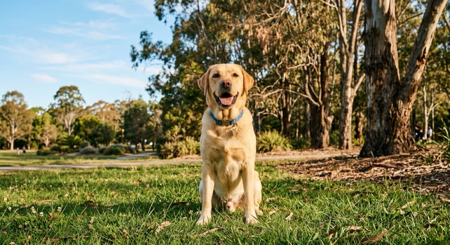 A friendly Labrador sitting on green grass in a sunny Gold Coast park, representing the rescue Labradors available for adoption across Queensland