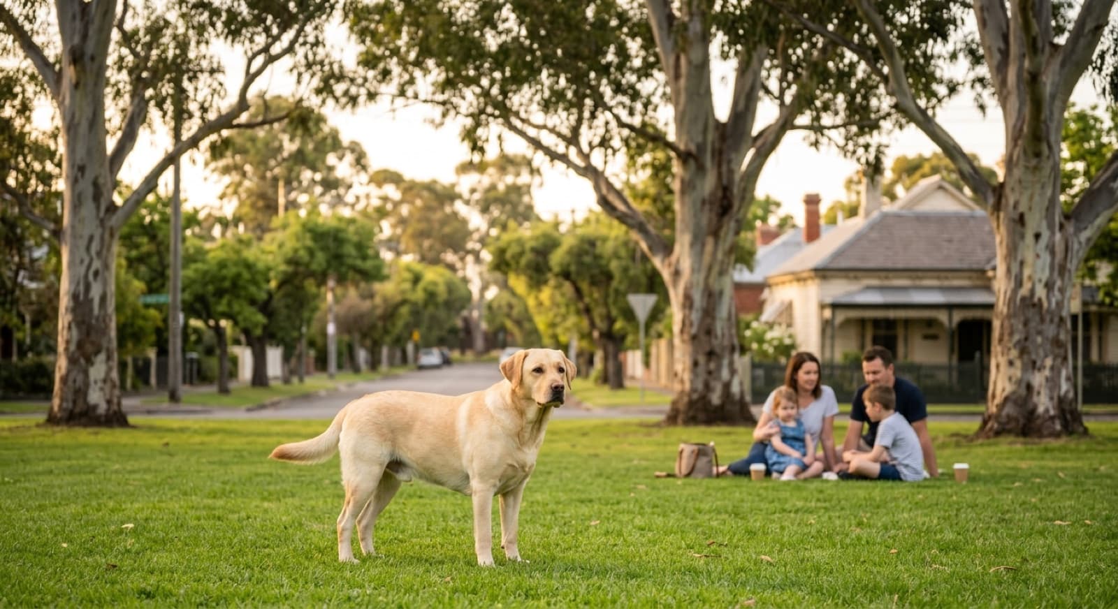 A friendly Labrador sitting on a sunny Melbourne park lawn, representing the rescue Labradors available for adoption across Victoria