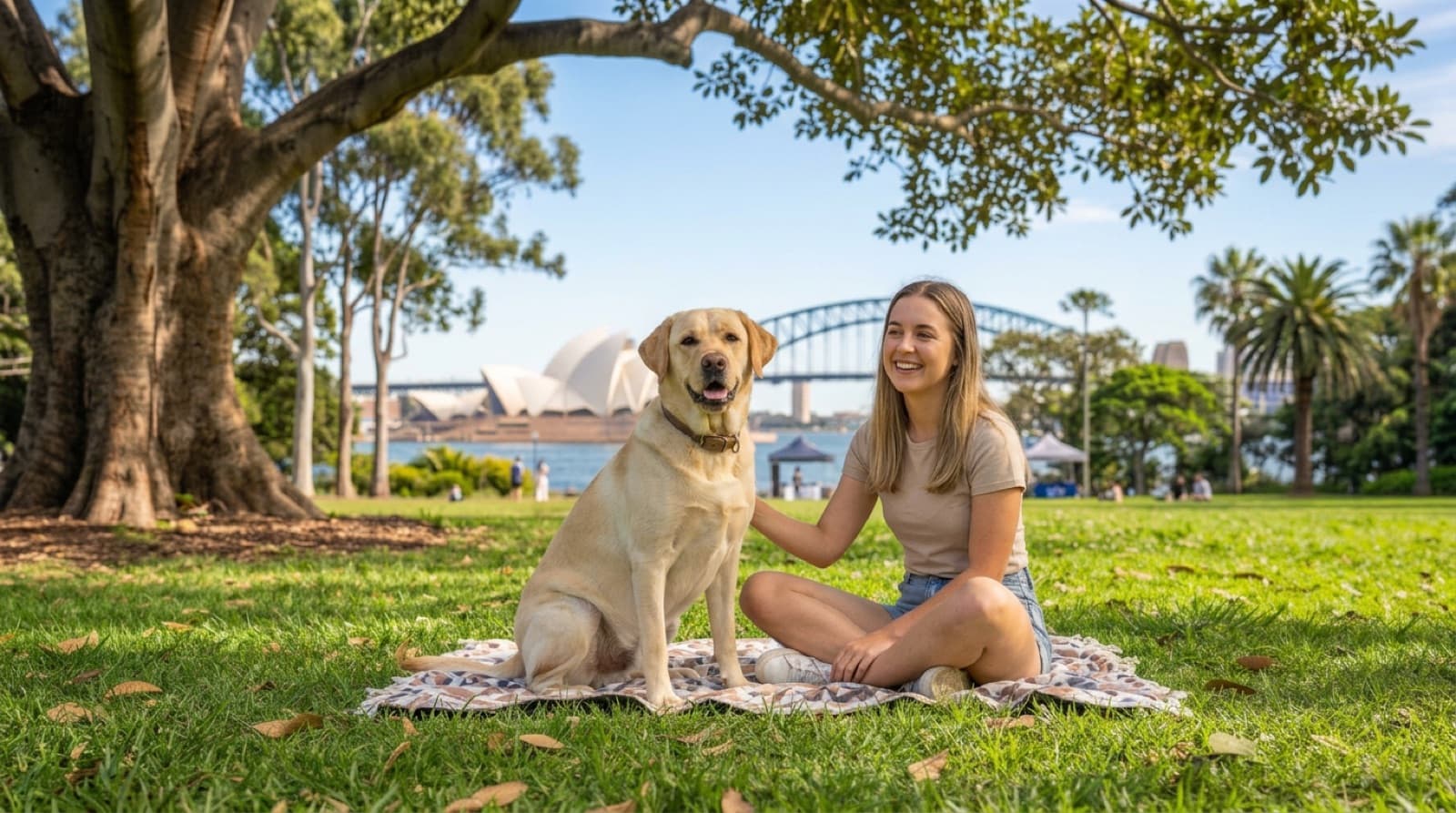 A friendly Labrador sitting on a sunny Sydney park lawn, representing the rescue Labradors available for adoption across NSW