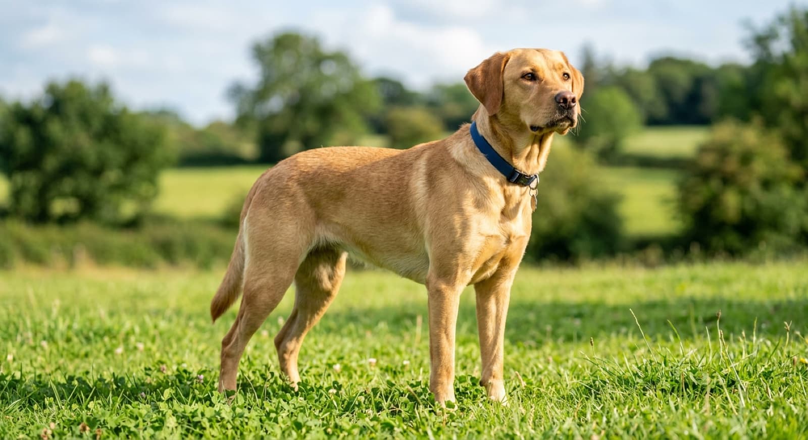 A lean, healthy adult Labrador standing alert on grass in a bright Australian setting, representing good weight and joint management of the breed in the Gold Coast climate